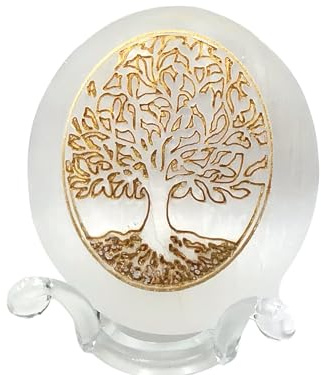 Steinfixx® Großer Selenit Palmstein mit goldener Gravur Lebensbaum | 6x7x3 cm | Top Qualität | Ihren Lichtbringer immer dabei
