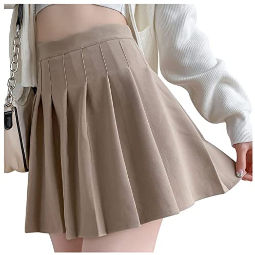 DRESHOW Rétro Jupe Basique Elastique évasée Mini Jupe Plissée Patineuse Décontractée Pour Femmes Filles, Pleated Skirt Khaki, S