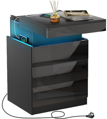 mesita de noche led, mesitas de noche inteligente, 3 Cajones y Mando a Distancia, Almacenamiento extra en la Solapa, Mesa Auxiliar, Estilo Moderno para cualquier cama y dormitorio 45x40x67cm