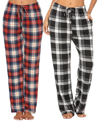 Ekouaer Schlafanzughosen Damen Pyjamahose Freizeithose Lockerer Karierte/Unifarbe Weich Gemütlich Schlafhose Stretch Kordelzug Yogahose Lounge Hom mit Taschen Rot Schwarz Weiß S