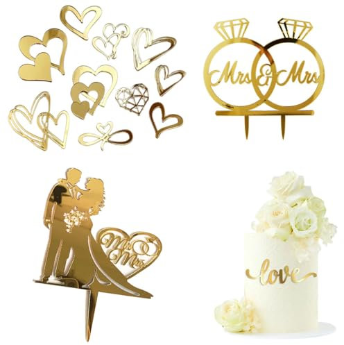 LEEQ 10 pcs decoración de acrílico para Tartas - decoración de Tartas en Forma de corazón, decoración de Boda acrílico Dorado, Topper Tarta Boda, para niñas, Bodas, Aniversarios, Fiestas