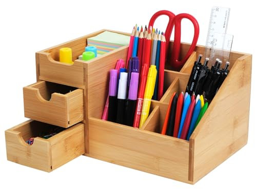 MUUKAIII Schreibtisch-Organisator aus Bambus mit Schublade - Stiftebox, Schreibtischablage - Büro-Organisation,Stiftehalter aus Bambus für Schreibtisch,Multifunktionale Aufbewahrung von Schreibwaren