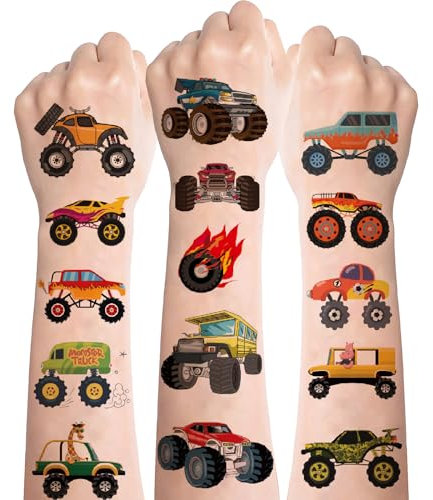 Tattoo Kinder, 10 Blatt Cartoon Monster Truck Tattoos für Jungen, LKW Temporäre Tattoos, Hautfreundlich Fahrzeug Trucks Kindertattoos Aufkleber für Kindergeburtstag Gastgeschenke