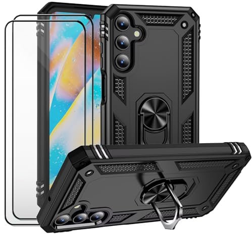 CLYDITE Coque pour Samsung Galaxy A15 4G/5G Noir étui Protection avec 2 Verre Trempé Support Armure Robuste Antichoc Silicone TPU 360 degré Cas de téléphone de Voiture Bumper
