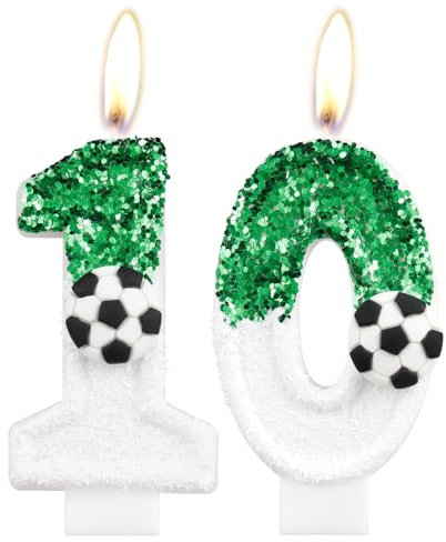 Football Number 10 Candle, Sparkling Sequin Green White Birthday Cake Topper Decorations for Football-Themed Activities, Wedding, Anniversary Supplies