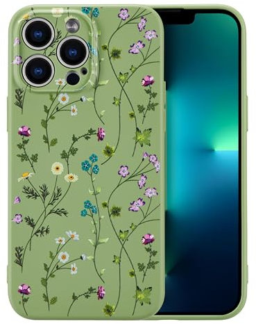 RALEAVO Flower Case for iPhone 13 Pro, Liquid Silicone Shockproof Protection Case Cover for Girls Women with Aesthetic Cute Floral Patterns Soft Slim Phone Case for iPhone 13 Pro 6.1-Green