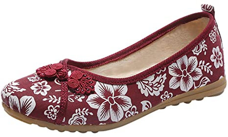 Women's Embroidery Upper Dolly Shoes - Foldable Ballet Flats Shoes, Portable Ladies Dolly Shoes with Anti Slip Texture, Round Tot Fit Comfortable Dolly Shoes, Ladies Office Working Shoes Red
