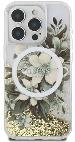 CG Mobile Guess HC Handyhülle Entworfen für iPhone 16 Pro Max, langlebig, stoßfest, kompatibel mit Magsafe, LIQ Glitter Flower Case Beige