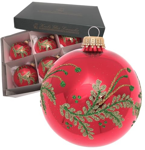 Krebs Glas Lauscha - Weihnachtsdekoration/Christbaumschmuck aus Glas - Kugeln mit Zweigen - Farbe: Rot Glanz - Menge: 6 Stück - Größe: ca. 8 cm