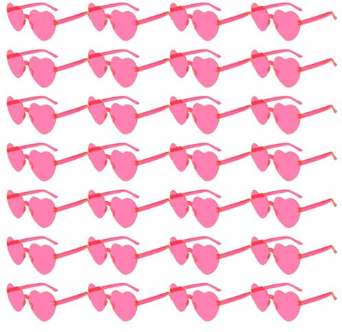 BOUBONI 14/28 Pack Heart Shaped Sunglasses for Women Rimless Heart Party Glasses Bulk Colored Love Sunglasses for Party (28, Rose Red)