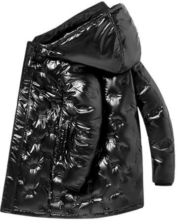 Herren Winter Glänzende Daunenjacke mit Kapuze - Wasserdicht, Winddicht, Dick Gefüttert, Modische Pufferjacke mit Reißverschluss,Schwarz,M