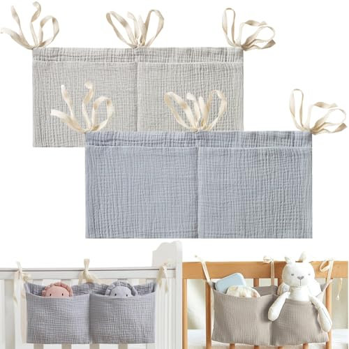 2 Stück Bett Organizer Kinderbett, Babybett Organizer, Verstellbare Aufbewahrungstasche zum Aufhängen, Wickeltisch Organizer zum Anhängen, Kann Windeln, Kleidung Hängen, Pelzige Spielzeugtasche