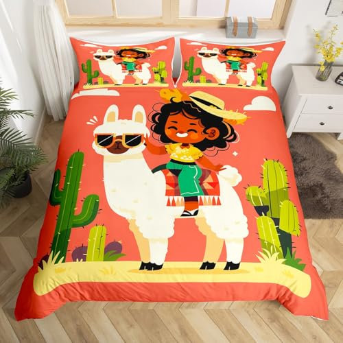 Kawaii Lama 135x200 Bettwäsche Set,Lustige Tier Druck Alpaka Bettbezug für Kinder Mädchen Jungen,Tropische Pflanze Wüste Kaktus Bett Set Mexikanische Art Wildlife Bettbezug (Kein Tröster)
