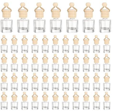 sourcing map 100pcs Hanging Car Air Freshener Perfume Bottle, 8ml Pendant Empty Clear Glass Essential Oil Aromatherapy Diffuser with Wooden Cap for Car Decor (Clear, Cylindrical)