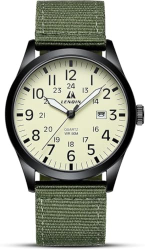 LN LENQIN Reloj Hombre Militar Relojes Analógicos Cuarzo para Hombres Reloj de Campo Luminoso Impermeables Deportivo Táctico Relojes de Pulsera con Fecha y Correa de Nailon (Green Black Yellow)