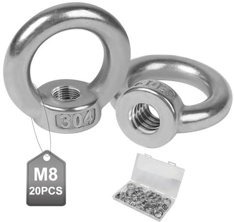 EXLECO 20 Stück Ringmutter Ringschraube Edelstahl Augenmutter M8 Innen Ösen | Edelstahl Ringösen Max.110KG Ösenmutter Hebegeräte Zubehör für Seilmontage Anhänger Gewächshaus Schaukelständer Blumentöpfe