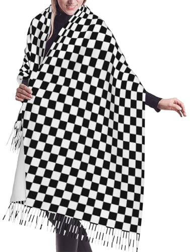 TietYaer Schwarzer Damenschal mit Nachmittagstee-Druck, warmer Winterschal, großer weicher Schal, Kaschmir-Fransenschal, Schwarz und Weiß kariert, EinheitsgröÃŸe