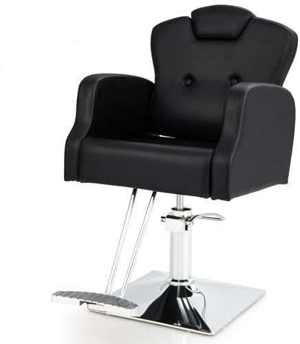 GOPLUS Friseurstuhl, Barberstuhl mit Verstellbarer Sitzhöhe, Kopfstütze, Friseursessel Barbersessel mit 360° Drehung, Fußstütze, Hydraulikpumpe, Bedienungsstuhl Frisörstuhl bis 150kg, Schwarz