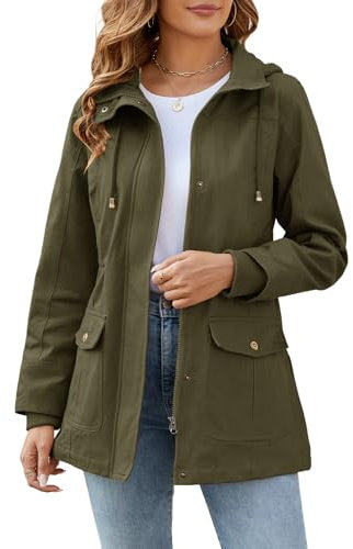 Tuopuda Veste Printemps Femme Parka Mi Saison Multi-Poches à Manches Longues Saharienne Manteaux à Capuche Fermeture Éclair Vêtement d'extérieur Coupe-Vent Idee Cadeau, vert armée, M
