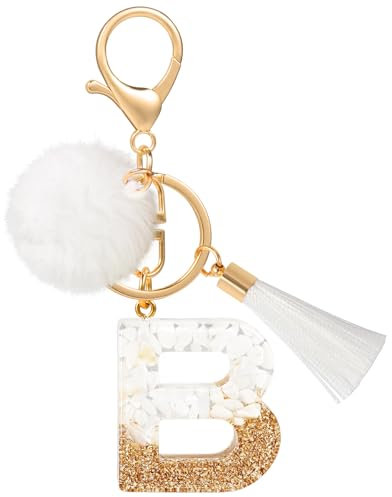 MWOOT Schlüsselanhänger Buchstabe B Bommel Quasten, Cute White Gold Keyring mit Namen, Schön Frau Personalisiert Keychain Auto Schlüsselanhänger, Tasche Dekoration Anhänger Schulanfang Geburtstag