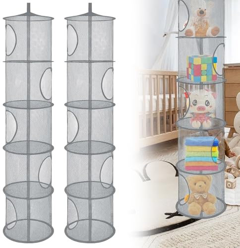 HUSOUE 5 Tier Teddy Storage Hanging Mesh, 2 PCS Foldable Save Space Soft Toy Storage Hanging Toy Storage Basket Net for Teddies Doll Soft Cuddly Toys (Gray)