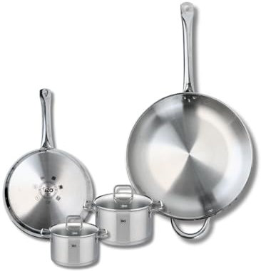 ELO 9505150 Batterie de cuisine 4 pièces, Ensemble de 2 Poêles de cuisson 24 et 32 cm et 2 faitouts 12 et 14 cm Elo Profi Citrin, inox, induction