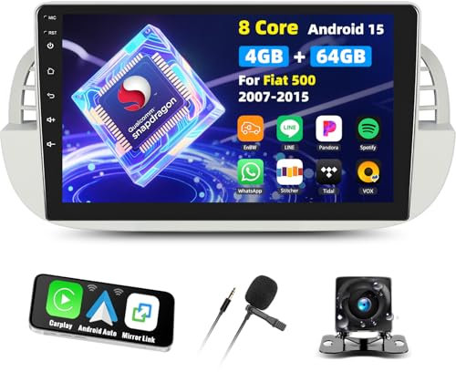 Qualcomm 8 Core Android 15 4+64G Autoradio für FIAT 500 2007-2015, 9 Touchscreen Radio mit CarPlay Android Auto GPS WiFi FM/RDS DSP 3D Auto Modell Showcase+Rückfahrkamera&MIC