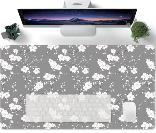 Mousepad Gaming White Cherry Flowers Large Gaming Mouse Pad with Stitched Edges,Extended Mouse Pad with Non-Slip Natural Rubber Base for Gamer/Desktop/Office/Home - 600x300mm