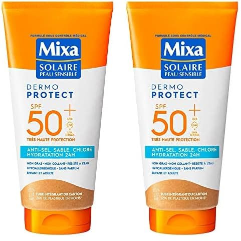 Mixa Solaire Peau Sensible - Lait Soin Solaire Très Haute Protection SPF 50+ UVA, UVA longs, UVB - Anti-Sel, Sable et Chlore - Hydratation 24H - Résistant à l'Eau - Hypoallergénique - 175ml (Lot de 2)