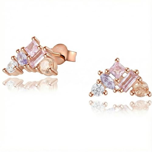 Ohrstecker Creolen Silber 925 Rosegold Mit Funkelnden Bunten Asymmetrischen Zirkonia Steinen, Hängende Ohrringe Rosegold Für Damen, Geliefert In Eleganter Schmuck Geschenkbox