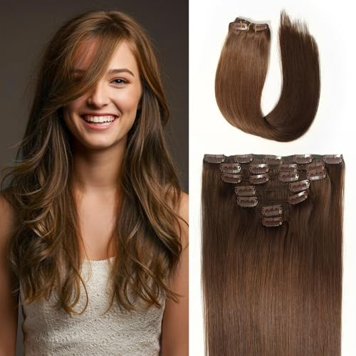 WOWANGEL Clip in Extensions Echthaar 14 Zoll(35cm) Nahtlos, 7 Stück 120g Remy Haare Ohne Schaden für Alltag, Hochzeiten & Events,21 Unsichtbare Clips, Wiederverwendbar,Ash Braun (#5)