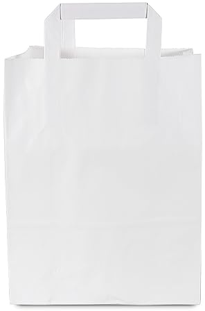 Commerline Papiertragetaschen 22×10×28cm, 500 Stück, Papiertüten mit Henkel | Weiß, Kraftpapiertüten, Tragetaschen Papier, mit Flachhenkeln, für Bäckerei, Einzelhandel, Gastronomie & Catering