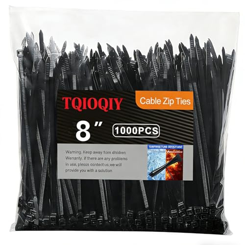 TQIOQIY 1000 Pcs Zip Ties, 8 Inch/ 20cm Black Heavy Duty Cable and Wire Ties with 50 Ibs Tensile Strength and UV Resistance, for Home, Office, Garden, Workshop and DIY
