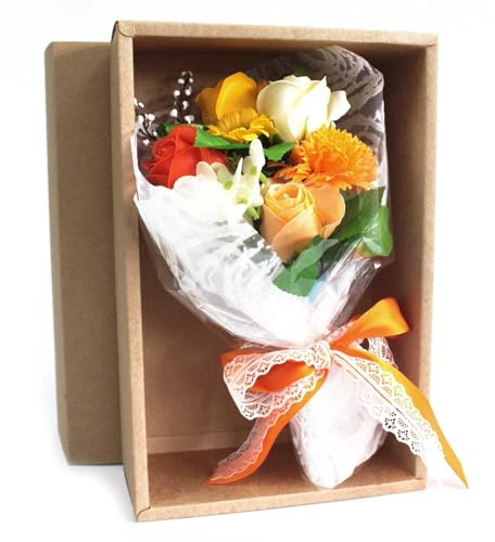 Boxed Soap Flower Bouquet - Orange - Approx 25x13x6cm