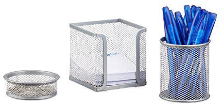 Relaxdays Schreibtisch Organizer 3er Set Metall, Schreibtisch-Set, Büroset Mesh, Zettelbox, zwei Köcher, silber, 13.5 x 10.5 x 10 cm