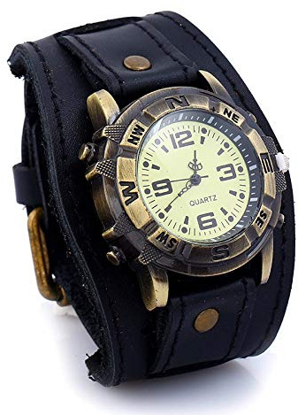 BVFRA Damen Lederarmband,Vintage Echtes Schwarzes Leder Geflochtene Armreifen Punk Retro Breites Armband Uhr Charm Armbänder Persönlichkeit Geschenk Für Kinder Männer Jungen Frauen