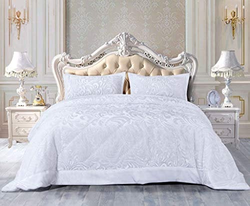 Luxury Quilted Bedspreads 3 Piece Velvet Bedding Double Bed for Bedroom Decor - Super Soft Embossed Pattern Sofa Bed Throws with 2 Pillow Case - White