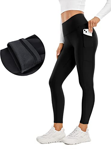 CRZ YOGA Damen Thermo Leggings mit Taschen Winter High Waist Fleece Sportleggins Yoga Leggins Warm Thermal Sporthose - 64 cm Schwarz 38