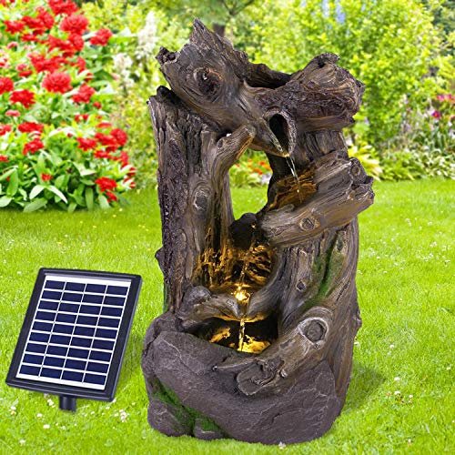 Solar Gartenbrunnen Brunnen Solarbrunnen Zierbrunnen Wasserfall Gartenleuchte Teichpumpe für Terrasse, Balkon, mit Pumpen, mit Liion-Akku & Led-Licht (Wald-GEFLÜSTER)