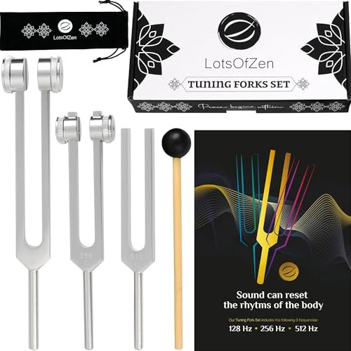 LOTS OF ZEN Diapasones Sanadores (128Hz, 256Hz, 512Hz) – Set de Diapasones Médicos con Peso para Sanar Chakras – Accesorios de Yoga y Meditación – Set de Diapasones con Frecuencias Sanadoras
