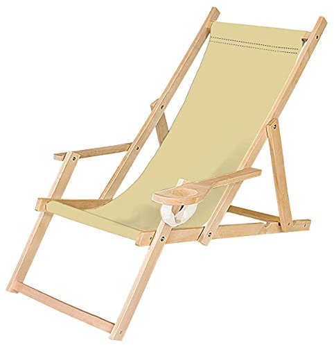 Ferocity Chaise Longue Pliable en Bois avec accoudoirs et Porte-gobelet Beige écru [119]
