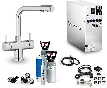 SPRUDELUX® Inox - Sistema de agua potable para debajo de la mesa (incluye grifo de 5 vías, salida de agua de 5 vías, botella de CO2 de 2 kg)