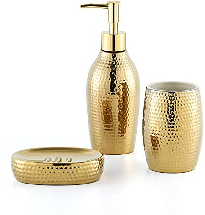 Seifenspender Set Gold, 3-TLG Badzubehör Set aus Keramik, Seifenschale und Luxuriöses Zahnputzbecher Set für Badezimmer & Gäste-WC
