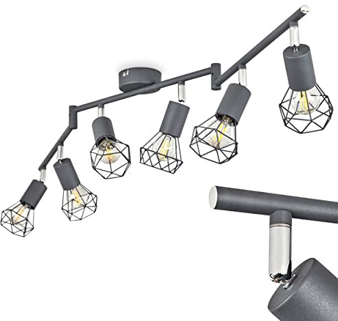 Deckenleuchte Baripada, Deckenlampe im Industrial Design, Metall in Anthrazit/Chromfarben, moderne Leuchte m. verstellbaren Schirmen in Gitter-Optik u. Lichteffekt, 6-flammig, E14, ohne Leuchtmittel