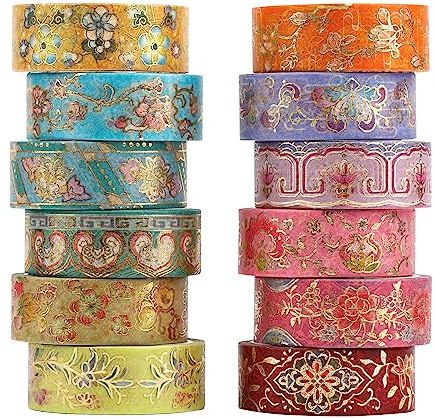 Lychii Washi Tape Set, 12 Rolls Vintage Masking Tape, Gold Foil Decorative Tape, 5M/16.4Ft Long Glitting Oriental Aesthetic Journaling Supplies for Planner, Bujo, Artistic Projects - 15mm
