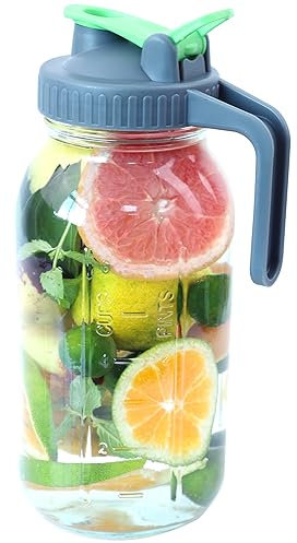 Glass Mason Jar Pitcher 64 Oz (2 Quart) Wide Mouth Jar Pitcher With Flip Cap Pour Spout For Cold Coffee Iced Tea Breast Milk Fridge Drinking Airtight & Leakproof