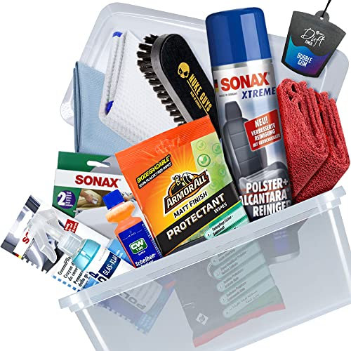 Auto Innenraum Reinigungsset - 12 teilig - mit SONAX Xtreme Polster & Alcantara Reiniger | POLYTOP Glasreiniger | Dr. WACK Scheibenreiniger | ARMOR ALL Cockpit Pflegetücher + 83metoo Duft Bubblegum