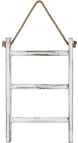 Sahkgye Rustic Bleached Wooden Countertop Ladder Wall Hanging Ladder Farmhouse Decor Towel Rail with Adjustable Rope