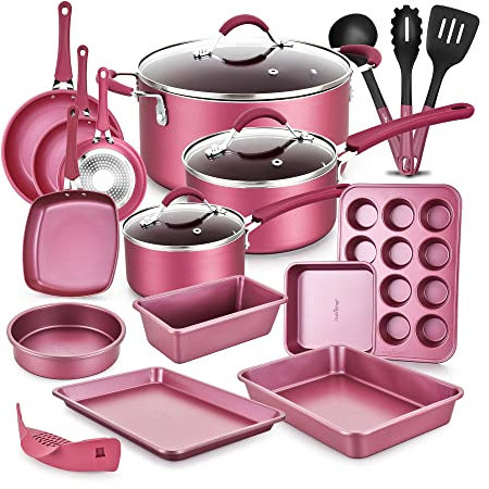 NutriChef Juego de Cocina de 20 Piezas – Batería de Cocina Metálica Antiadherente con Recubrimiento Cerámico, Ollas y Sartenes con Tapas y Utensilios, Color Marrón Rosado