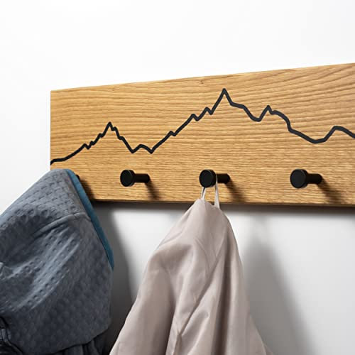 WOODS Porte-manteau en bois de chêne avec motif montagne - Fabriqué à la main en Bavière - Porte-manteau mural en bois - Porte-manteau mural en bois - Pour l'entrée (crochets noirs, 70 cm (6 crochets)